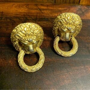 1980's Vintage Gold Plated Lion Door Knocker Clip On Earrings